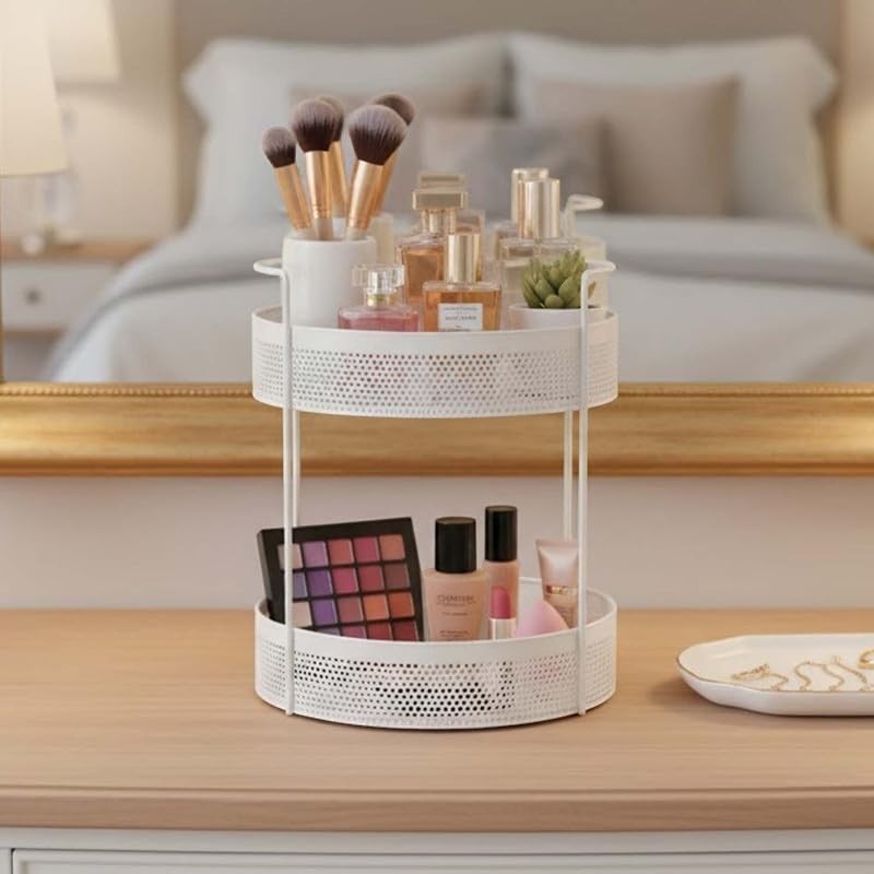 Go Hooked white 2-tier metal mesh countertop storage basket with makeup and perfumes