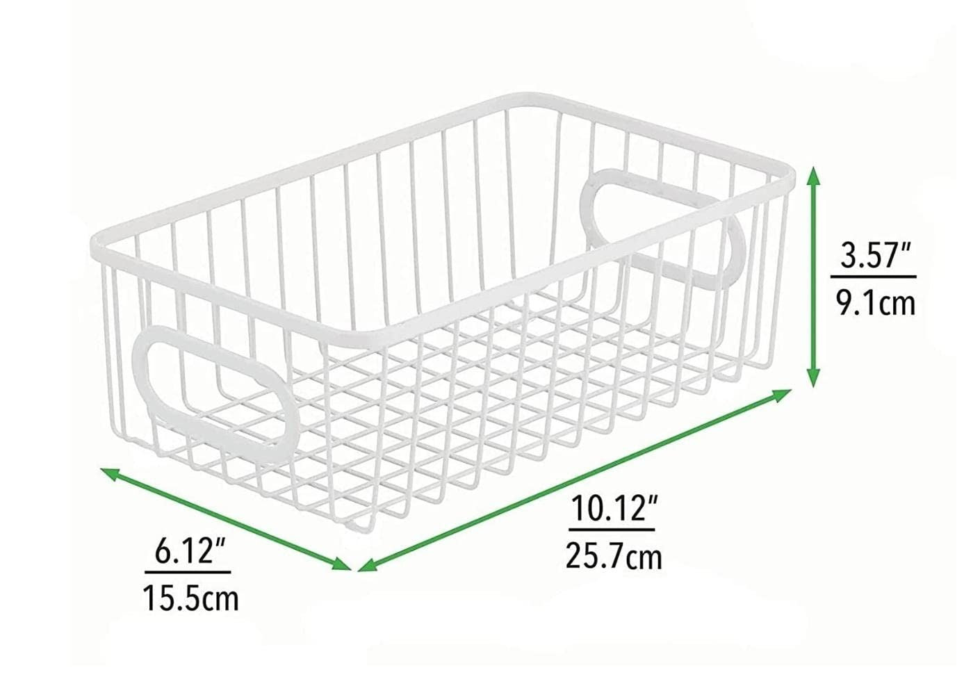 GoHooked white metal wire grid storage basket bin with handles, 10 inch length