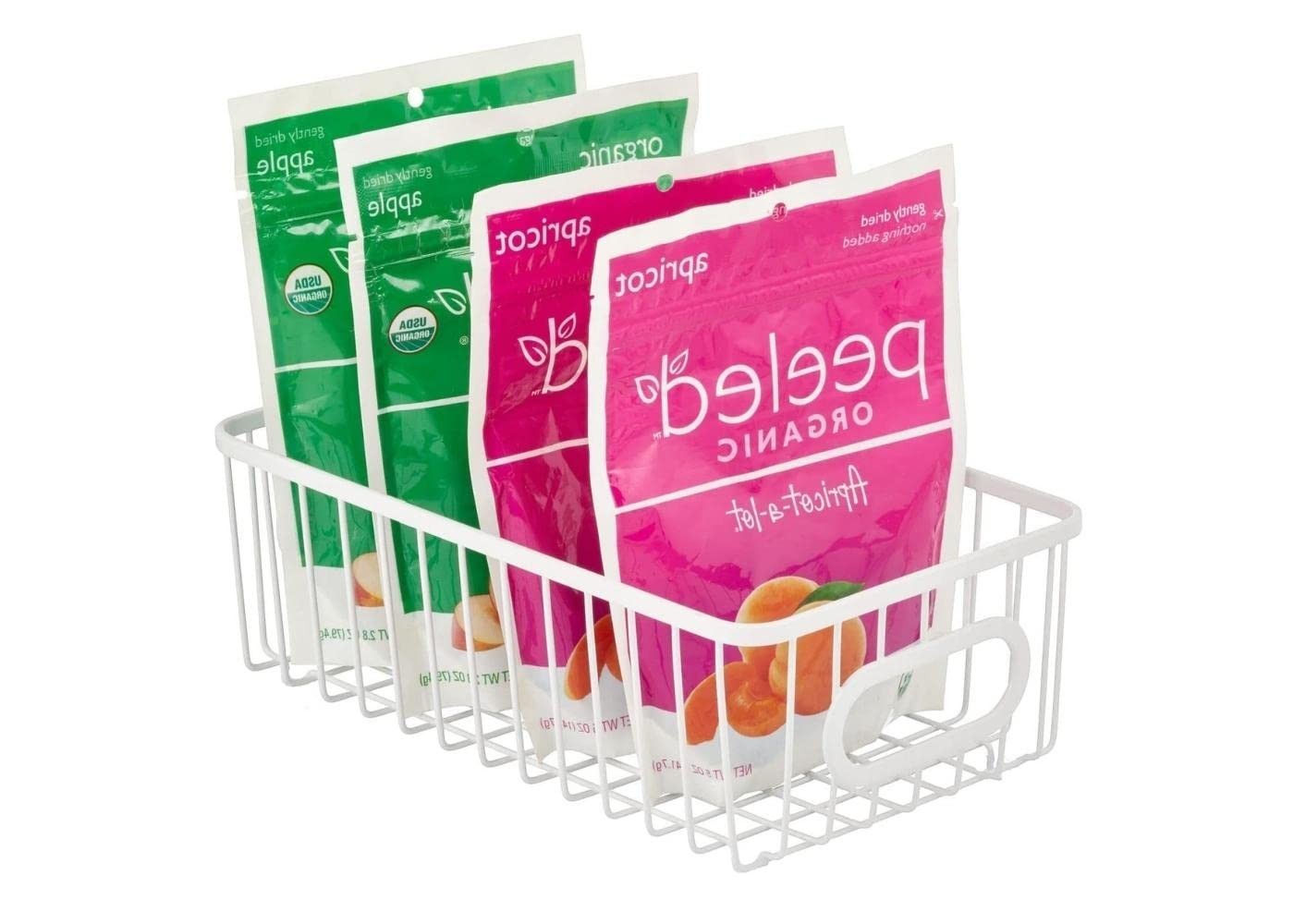 GoHooked white metal wire grid storage basket bin with handles, holding four pouches of organic dried fruit.