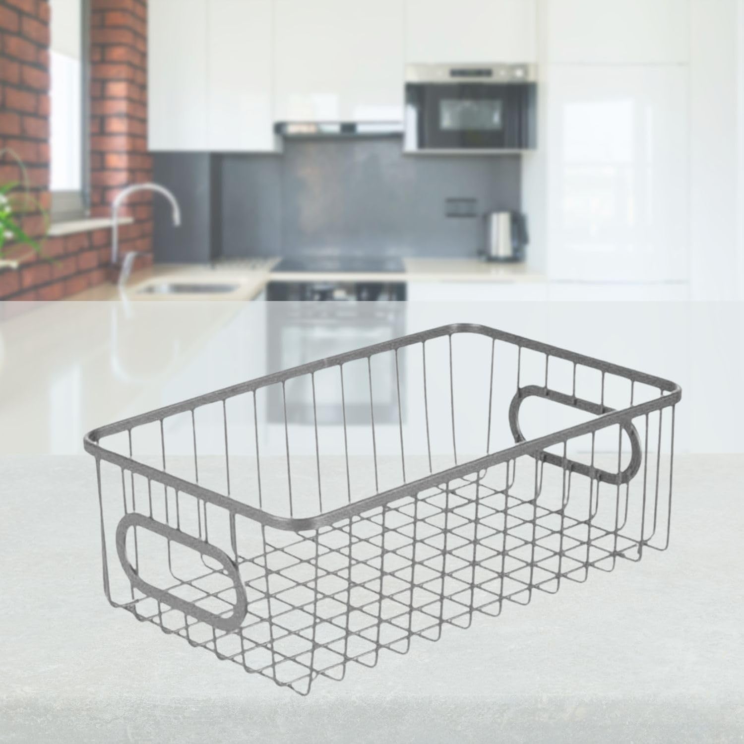 Go Hooked white metal wire grid storage basket with handles, 10" size, for kitchen or bathroom organization.