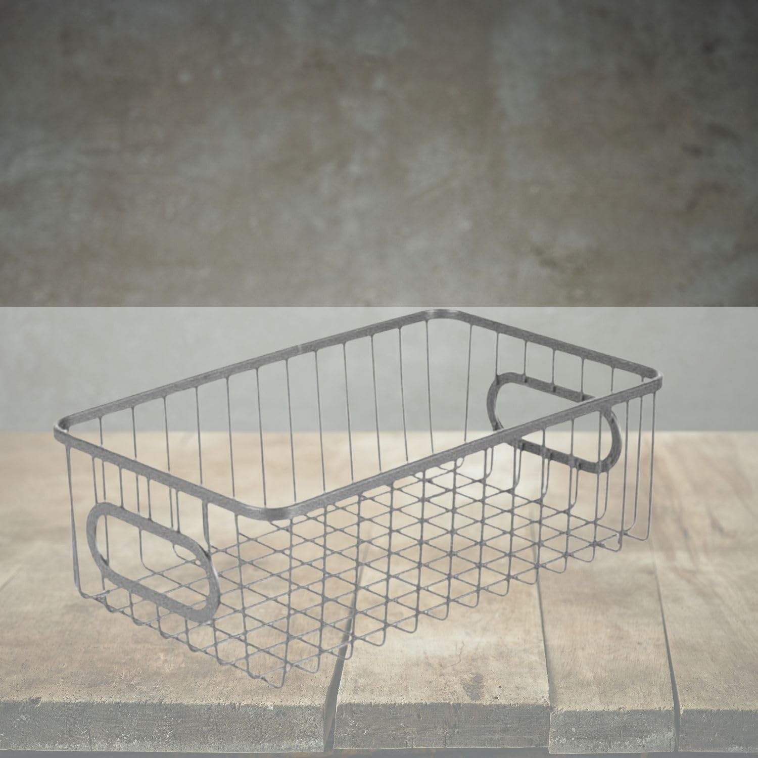 Go Hooked white metal wire grid storage basket with handles, 10" length, for bathroom or kitchen organization.