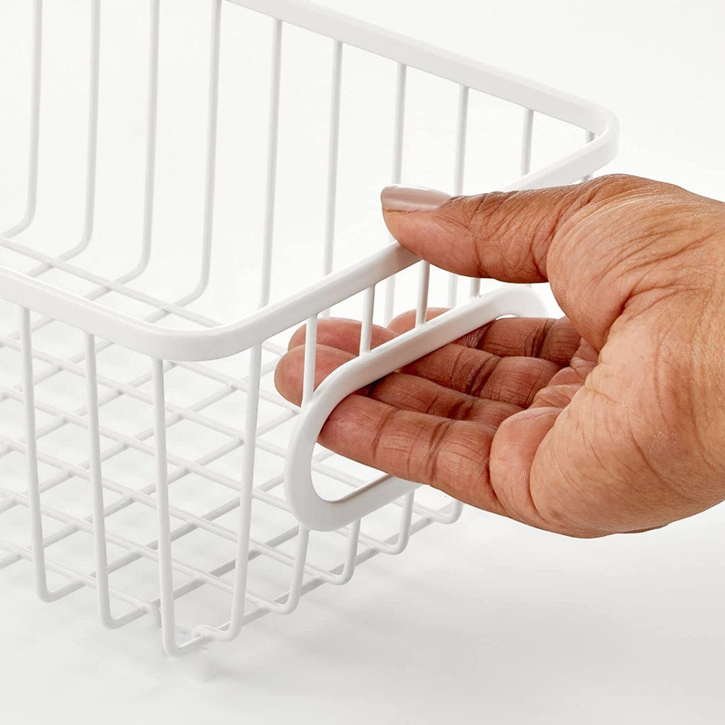 GoHooked white metal wire grid storage basket with integrated handle. Pack of 2.