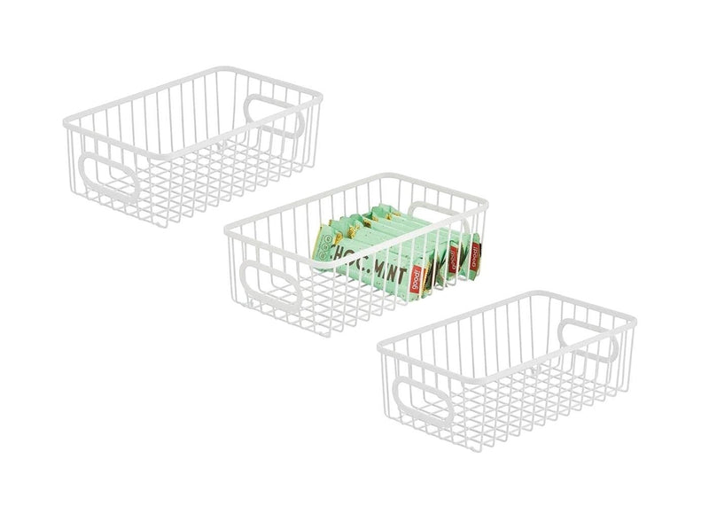 Go Hooked white metal wire grid storage basket bin with handles, pack of 3. One bin contains mint bars.