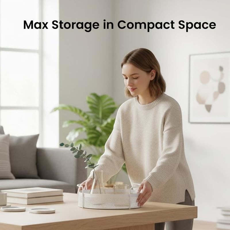 Go Hooked white round metal storage tray with perforated design and side handles, used for home decor.