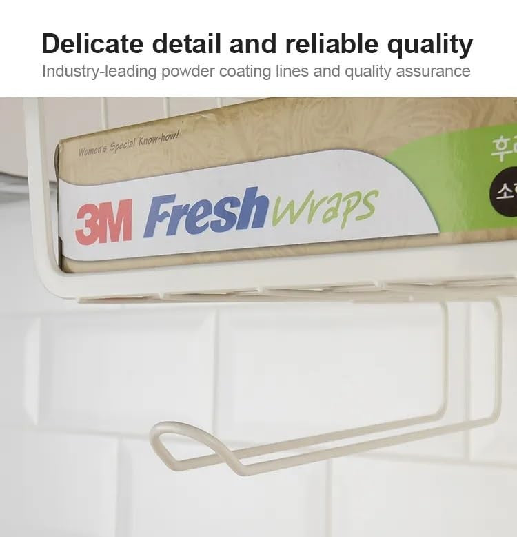GoHooked white metal under shelf basket with a roll of 3M Fresh Wraps inside, ideal for kitchen storage.