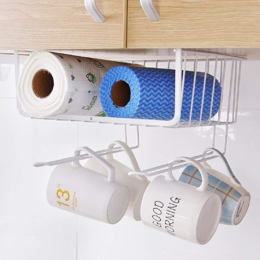 GoHooked white metal under shelf basket holding paper towels and mugs, with hooks for hanging cups.