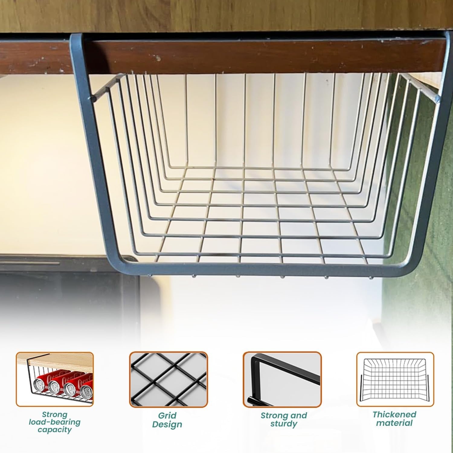 Go Hooked white metal undershelf basket with grid design, 8 inches, set of 2