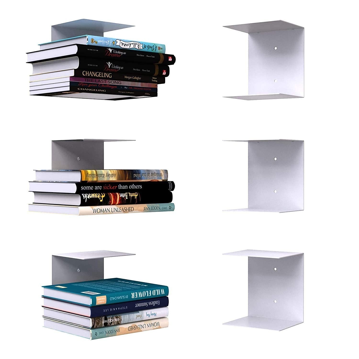 GoHooked white heavy duty iron wall mounted book shelves, set of 4, for study room, living room, bedrooms.