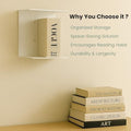 GoHooked white heavy duty iron wall mounted book shelf holding one book, with stack of books below.