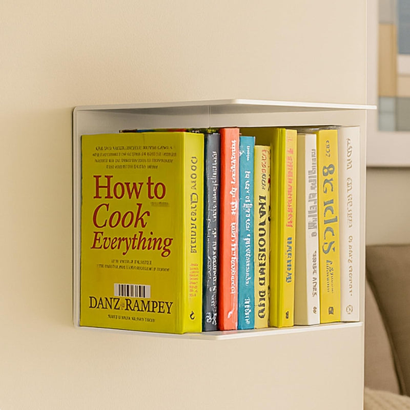 GoHooked white heavy duty iron wall mounted book shelf holding several books including "How to Cook Everything".