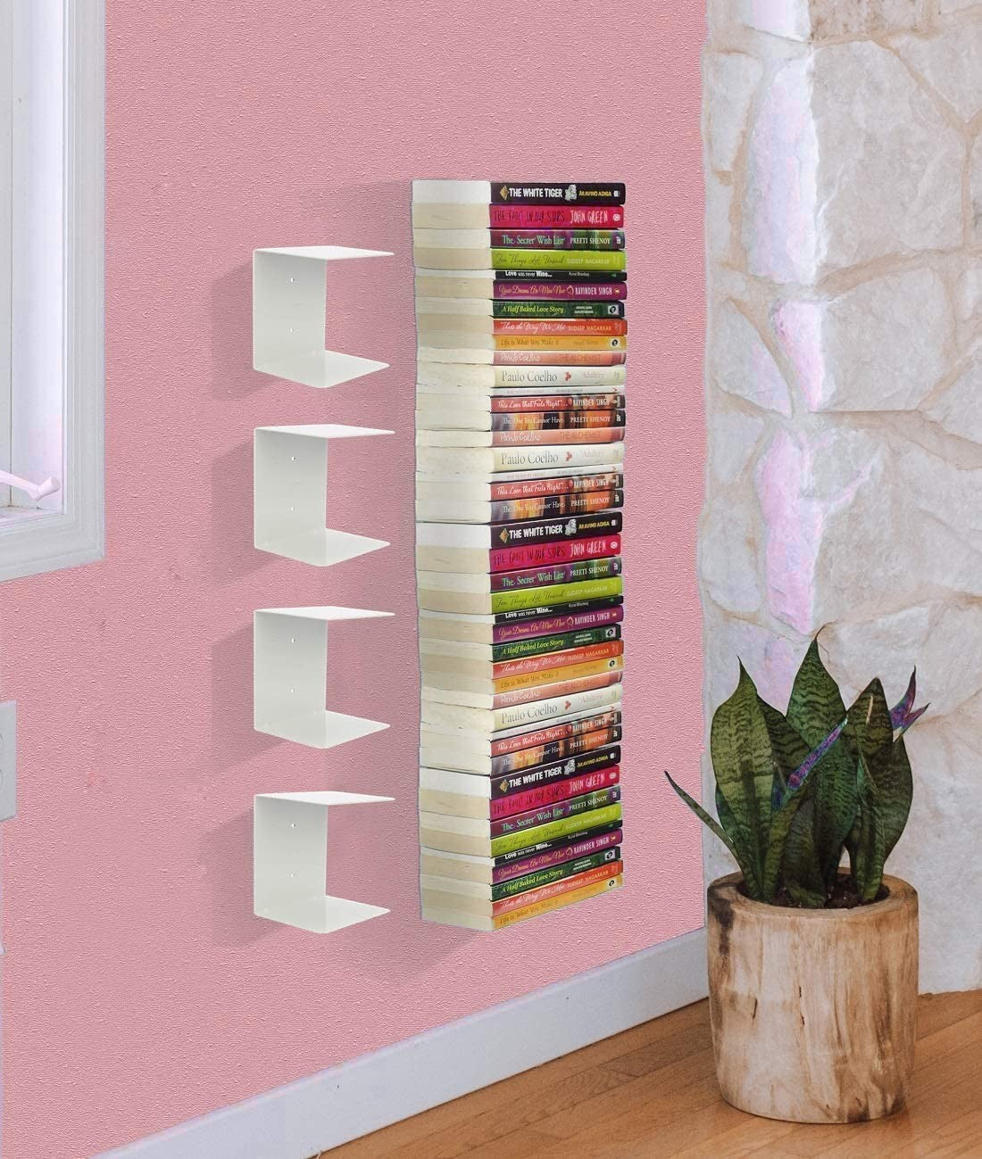 GoHooked white heavy duty iron wall mounted book shelves, set of 4, for study room, living room, bedrooms.