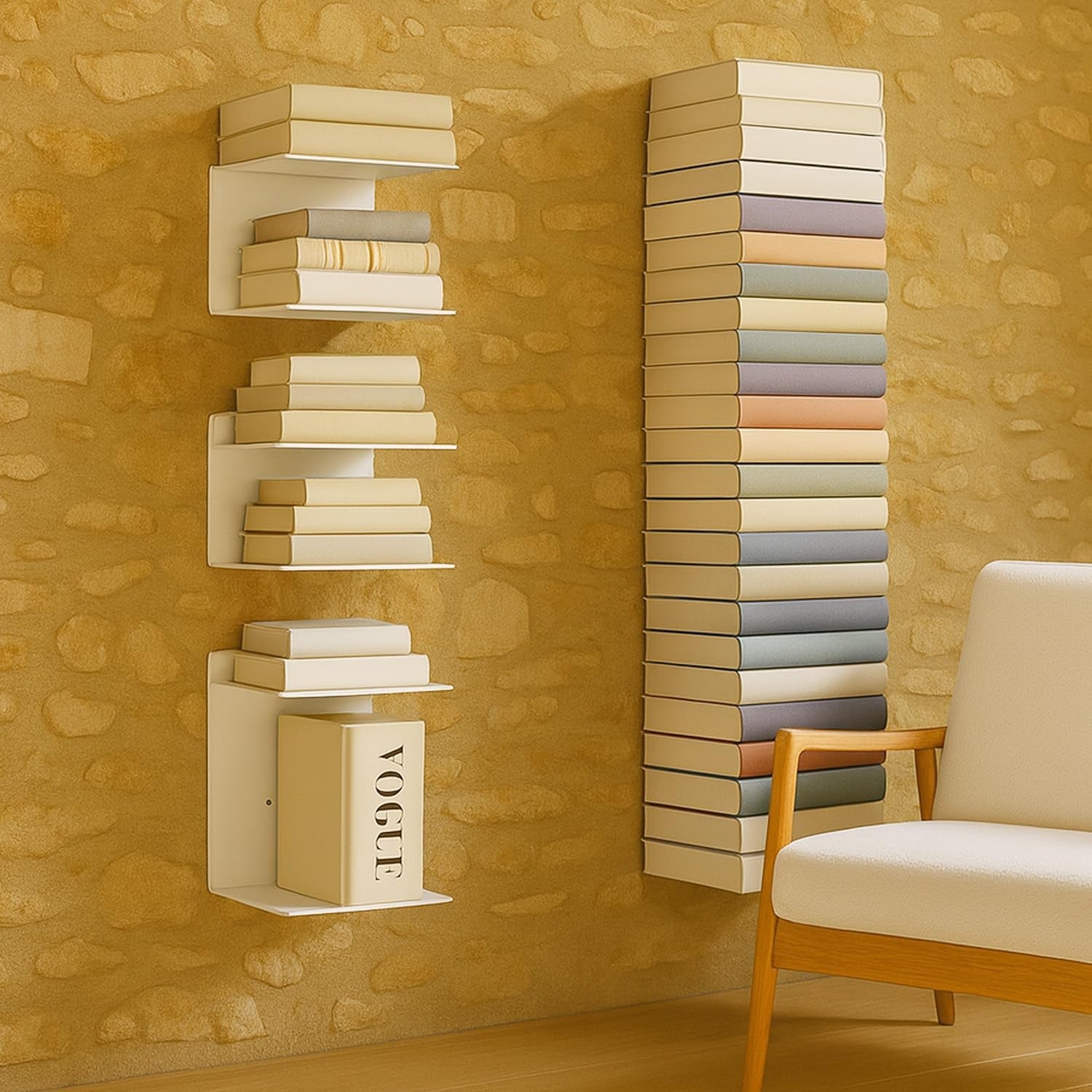 GoHooked white metal wall mounted shelves holding books and a Vogue decorative book. Modern, space-efficient storage.