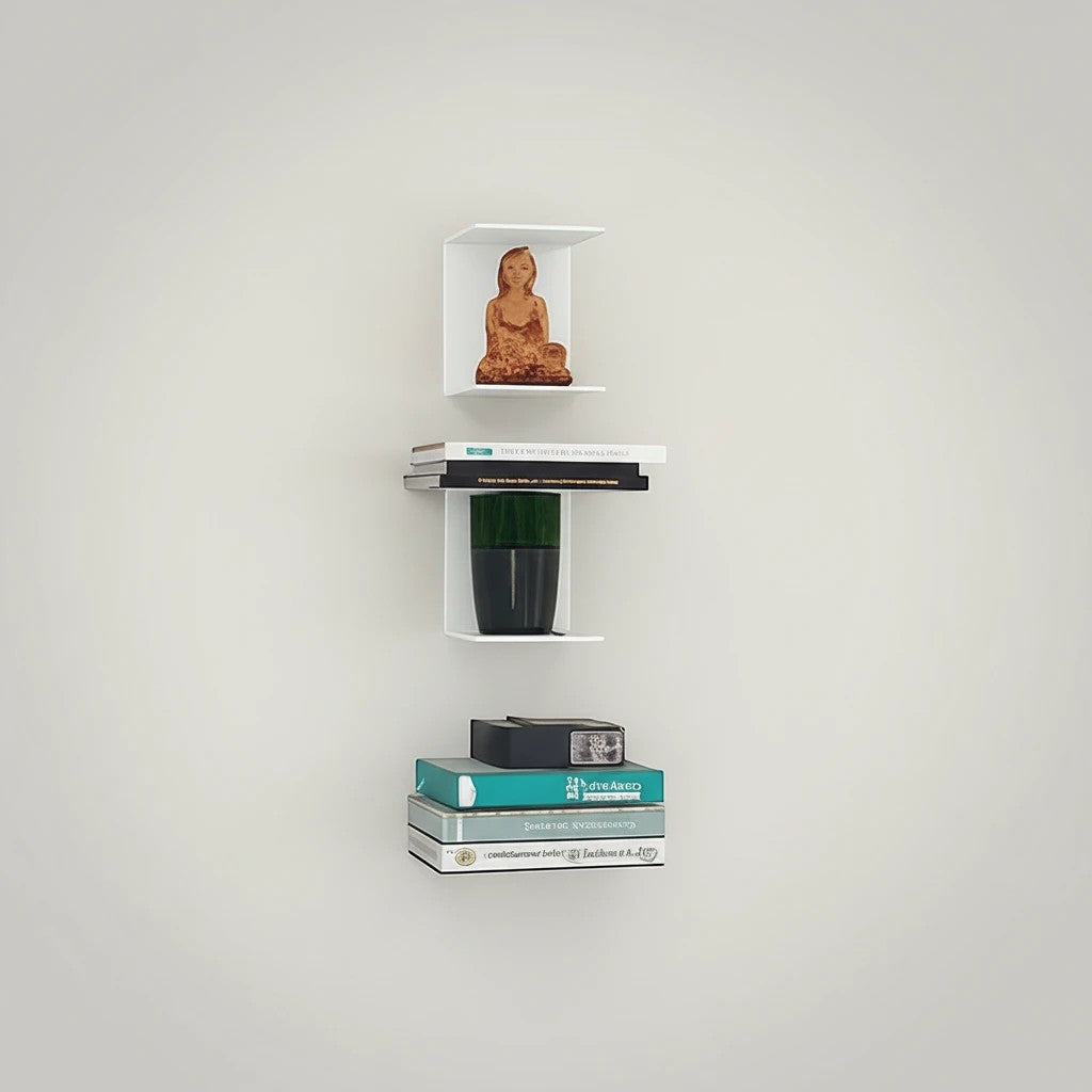 Go Hooked white metal wall shelves displaying books, a plant, and a figurine. Modern floating shelf design.