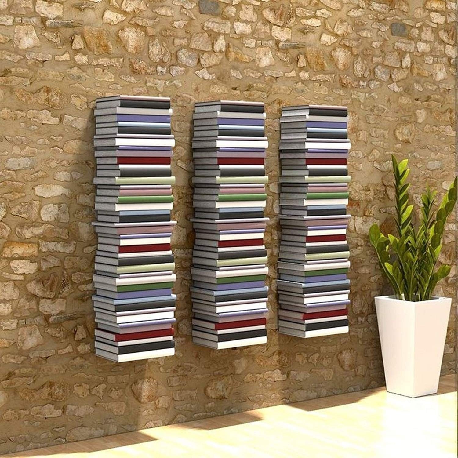 GoHooked white heavy duty iron wall mounted book shelves, set of 3, each 6x6x5 inches, for study, living room, bedroom.
