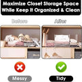 GoHooked white metal wardrobe shelf dividers organize folded clothes and linens, creating neat stacks.