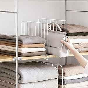 GoHooked white metal wire wardrobe shelf dividers organizing folded clothes and handbags. Set of 3.