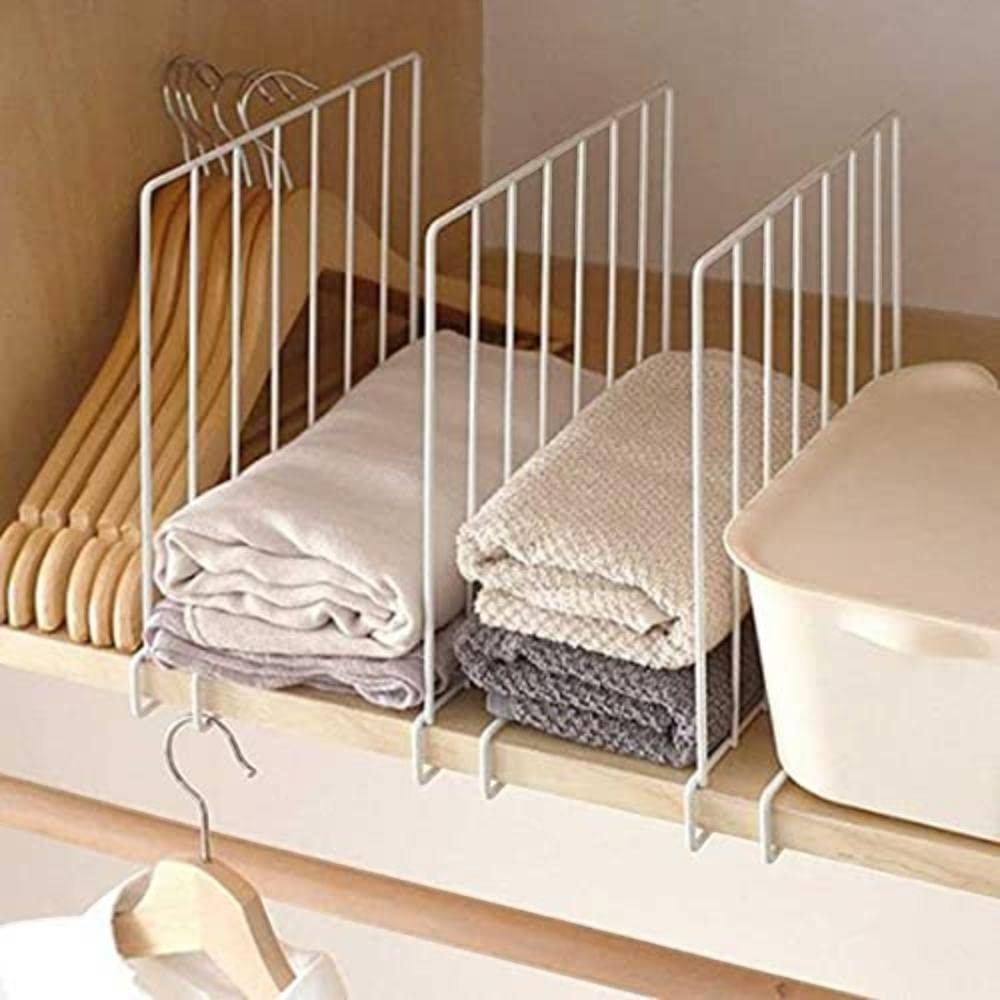 GoHooked white metal wardrobe shelf dividers organize folded clothes and towels. Set of 3.