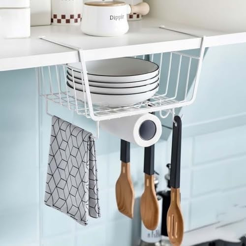 GoHooked white metal wire under shelf hanging basket organizer with hooks holding kitchen utensils and paper towel