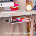 GoHooked white metal wire under shelf basket with two books and a wallet inside, perfect for desk or cabinet organization.
