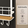 GoHooked white metal over-the-door organizer with wooden shelf and 5 hooks for bathroom or entryway.