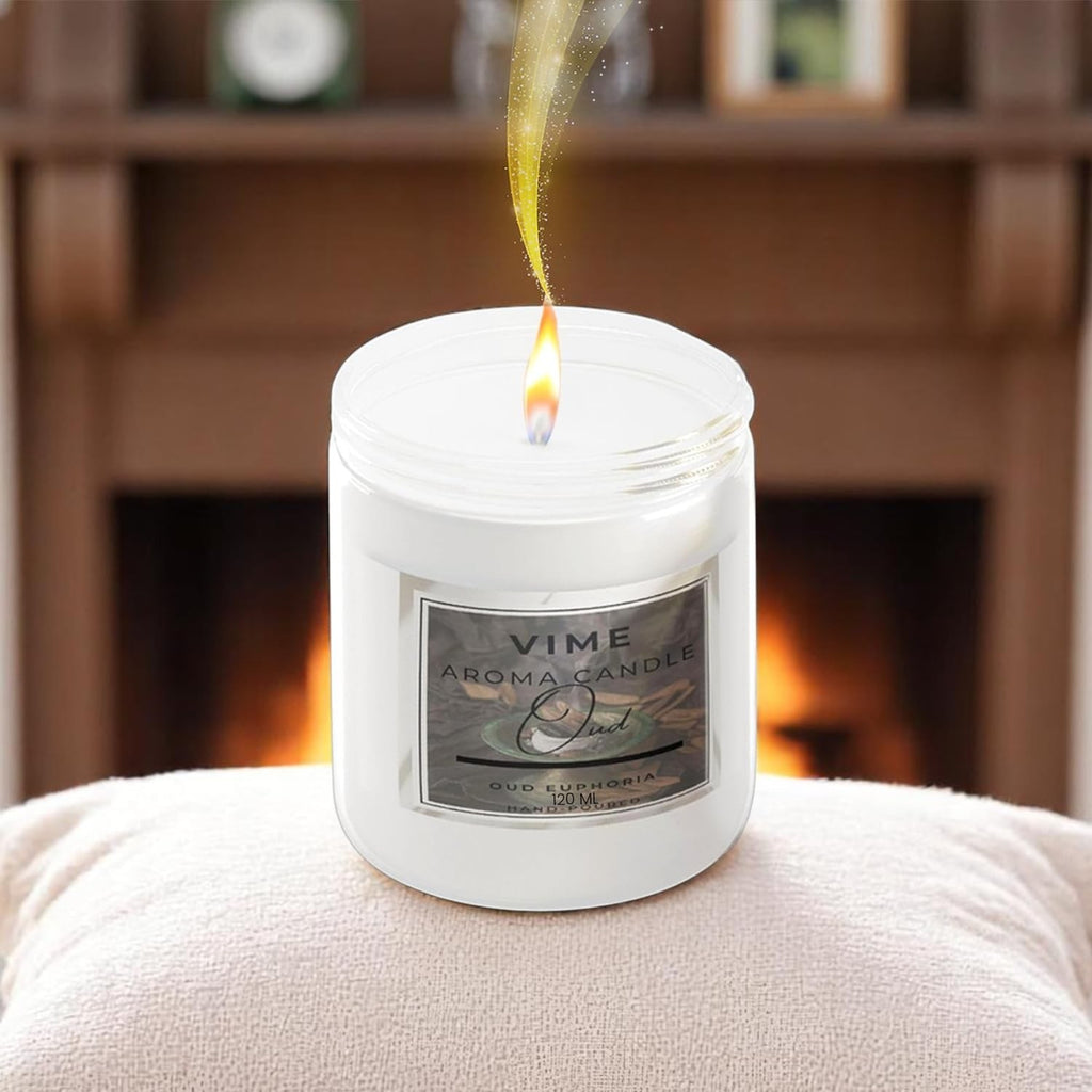 GoHooked white glass jar candle with Oud Euphoria fragrance, 120 ml, 35-hour burn time, for aromatherapy and home decor.