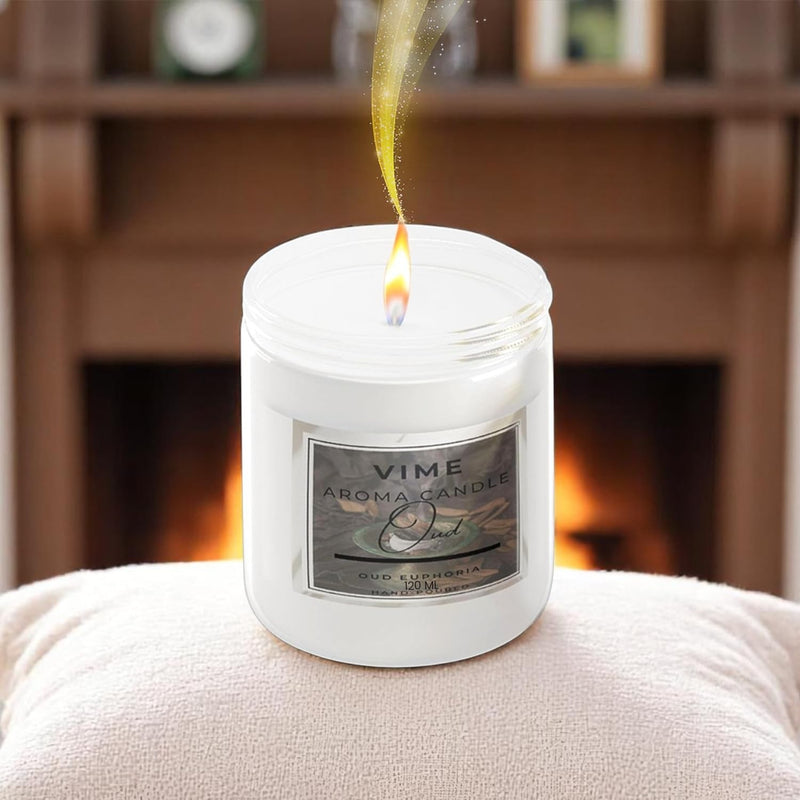GoHooked white glass jar candle with Oud Euphoria fragrance, 120 ml, 35-hour burn time, for aromatherapy and home decor.