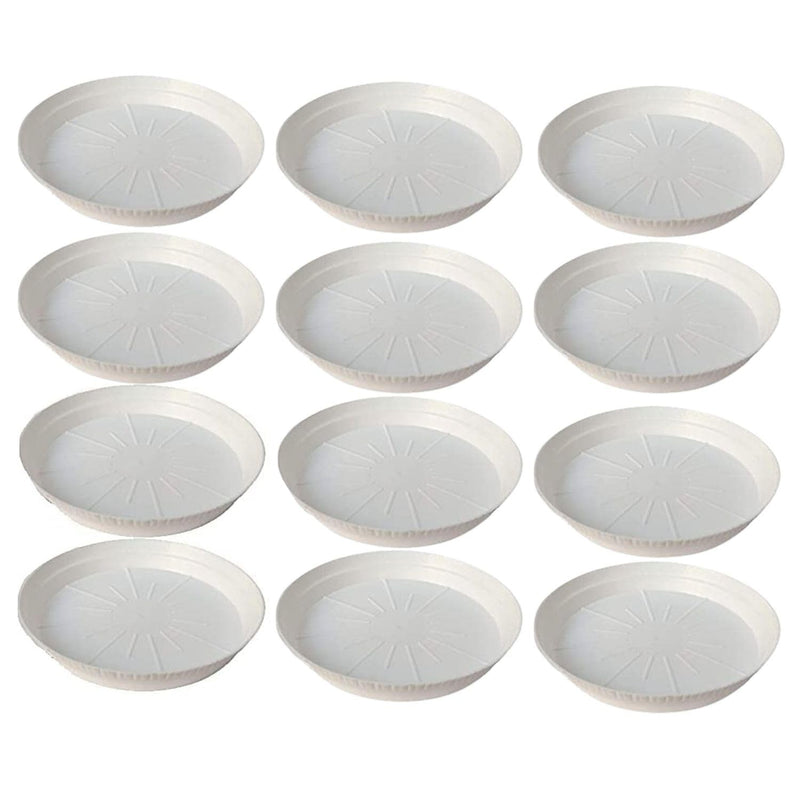 GoHooked white 12-inch round planter drip trays, pack of 12. Modern style, durable, UV resistant, for indoor/outdoor use.