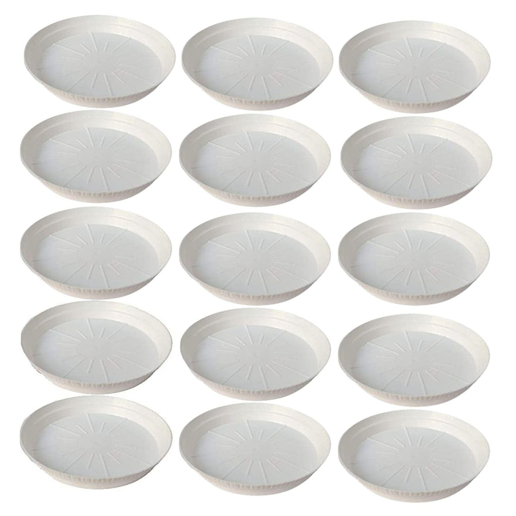 GoHooked white 6-inch round planter drip trays, pack of 12. Durable, UV resistant, modern style for indoor/outdoor use.