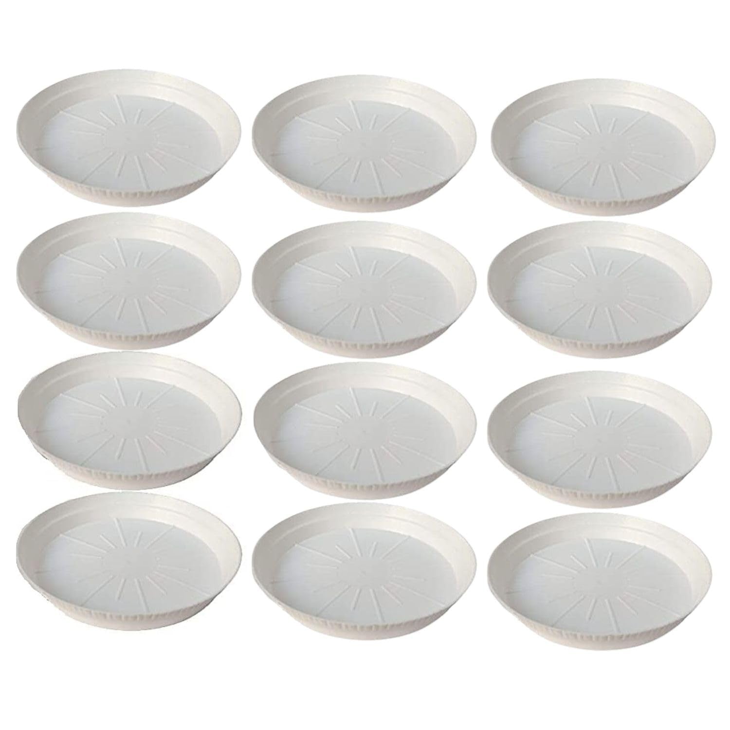 GoHooked 10-inch white round plastic planter drip trays, pack of 12, for indoor and outdoor use.