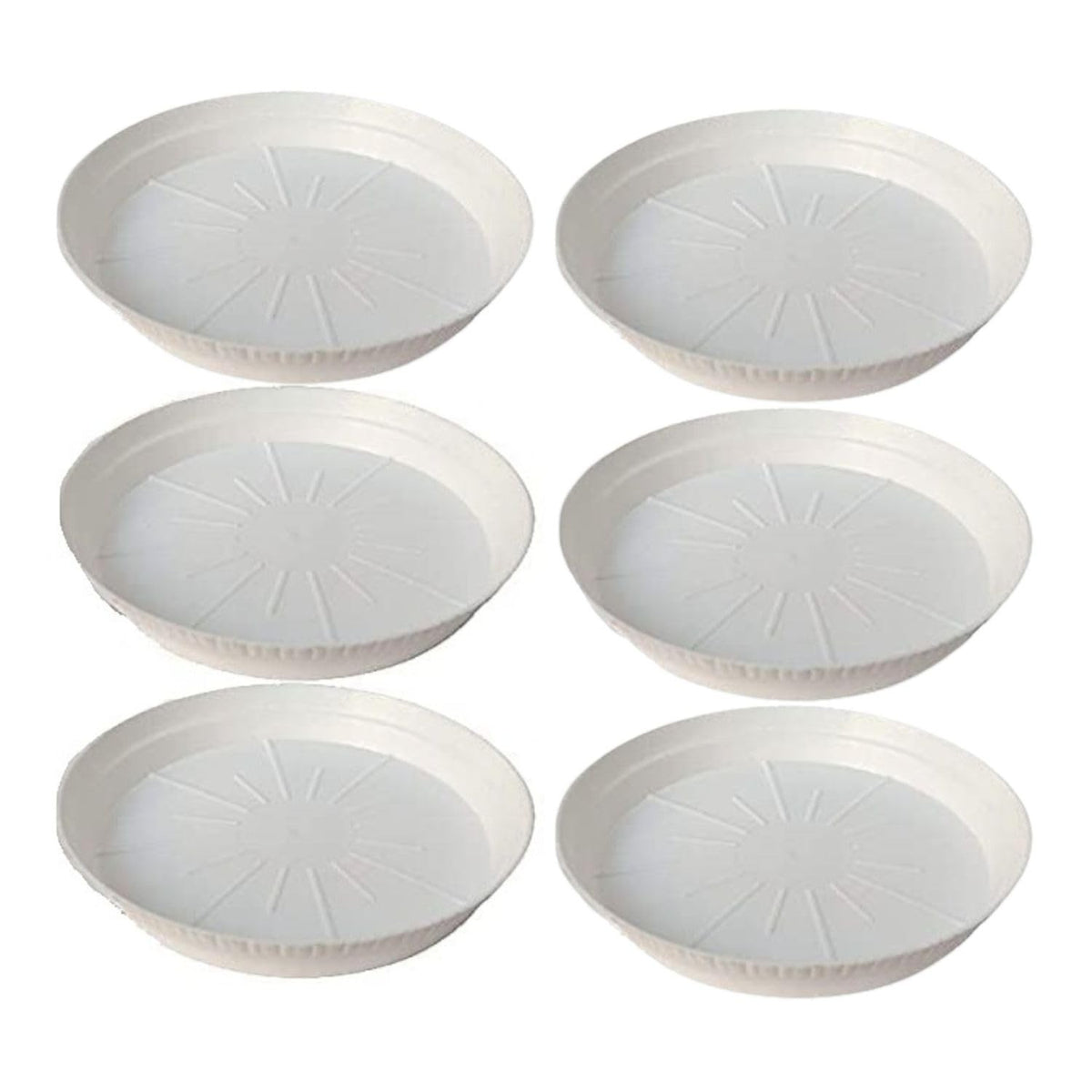 GoHooked white 10-inch round plastic planter drip trays, pack of 12, for indoor and outdoor use.