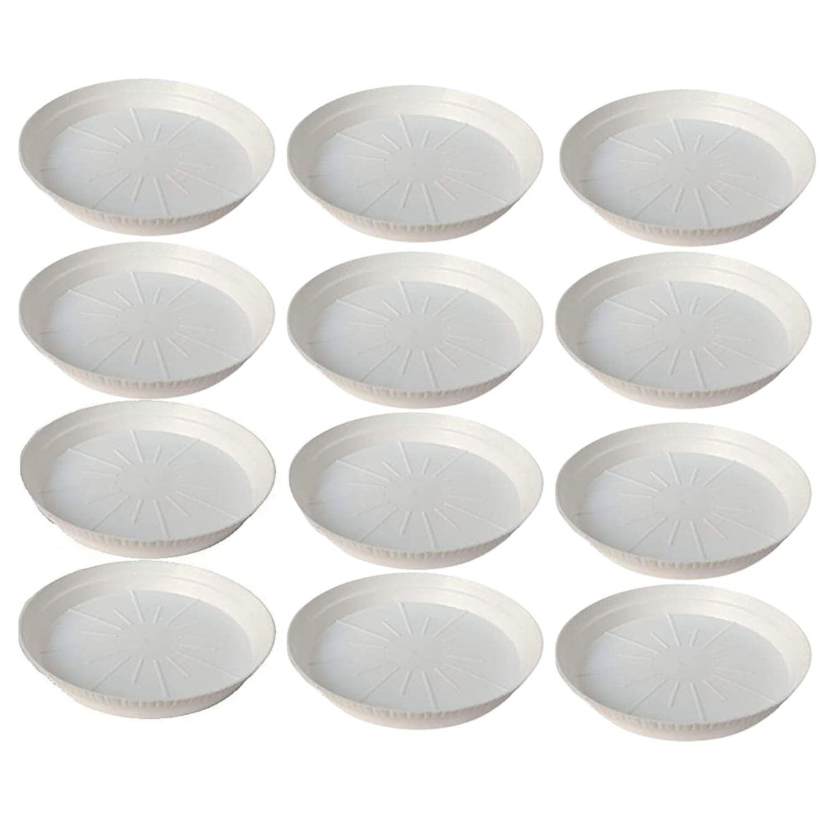 GoHooked white 6-inch round plastic planter drip trays, pack of 10. Modern style, UV and fade resistant.
