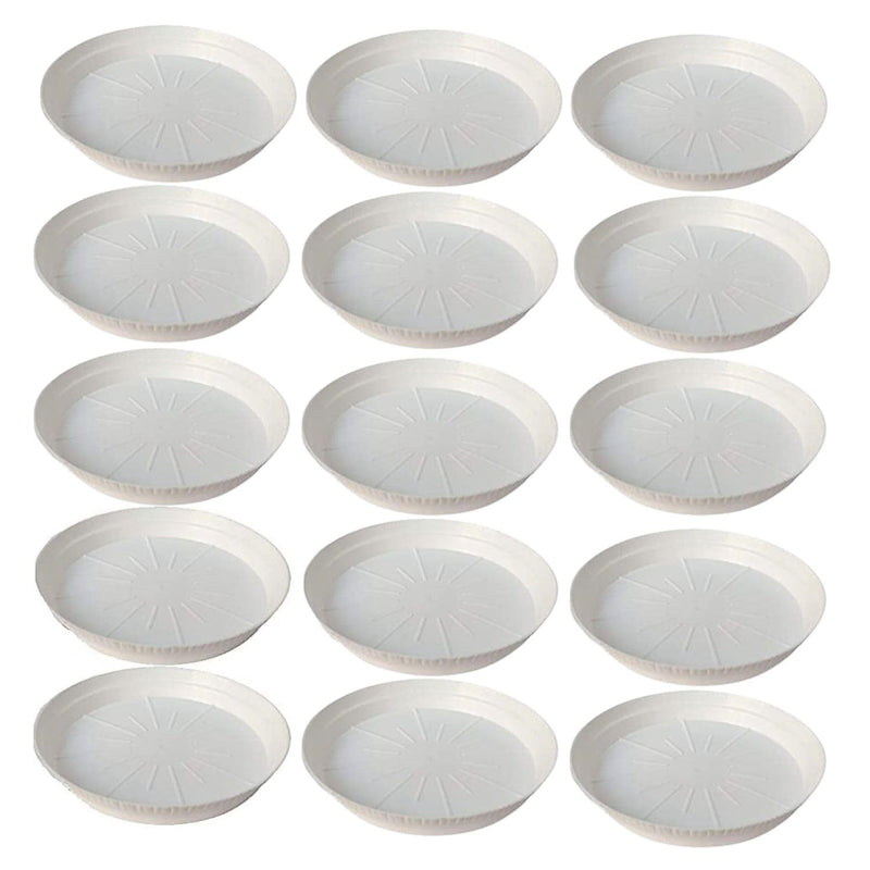 GoHooked 6-inch white plastic planter drip trays, pack of 15, modern style, UV resistant, for indoor/outdoor use.