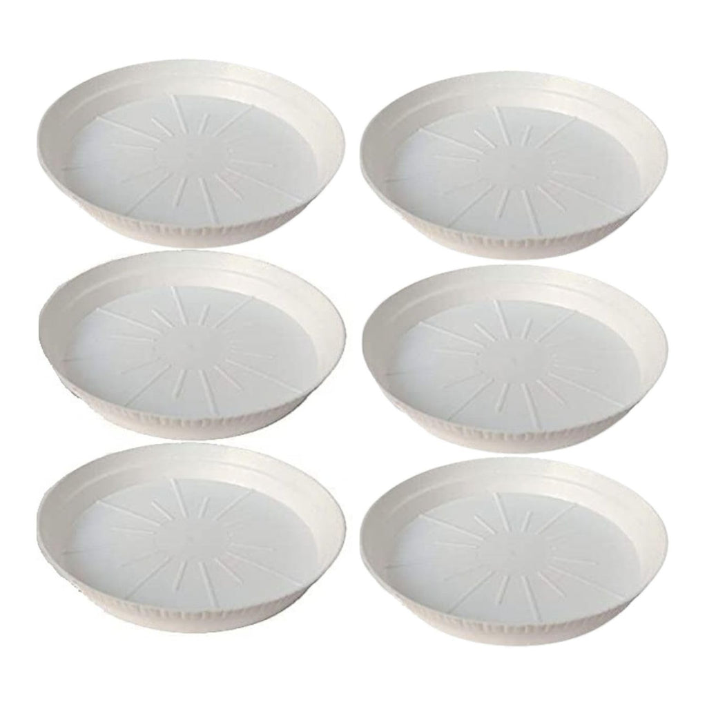 GoHooked white 8-inch round plastic planter drip trays, pack of 12, for indoor and outdoor use.