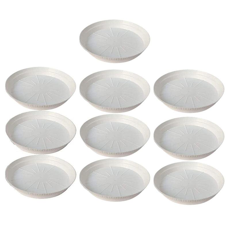 GoHooked white 10-inch round planter drip trays, pack of 8. Modern style, UV resistant, lightweight plastic for indoor/outdoor use.