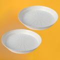 GoHooked white 10-inch round planter drip trays, pack of 8. Durable plastic with raised edges to catch excess water.
