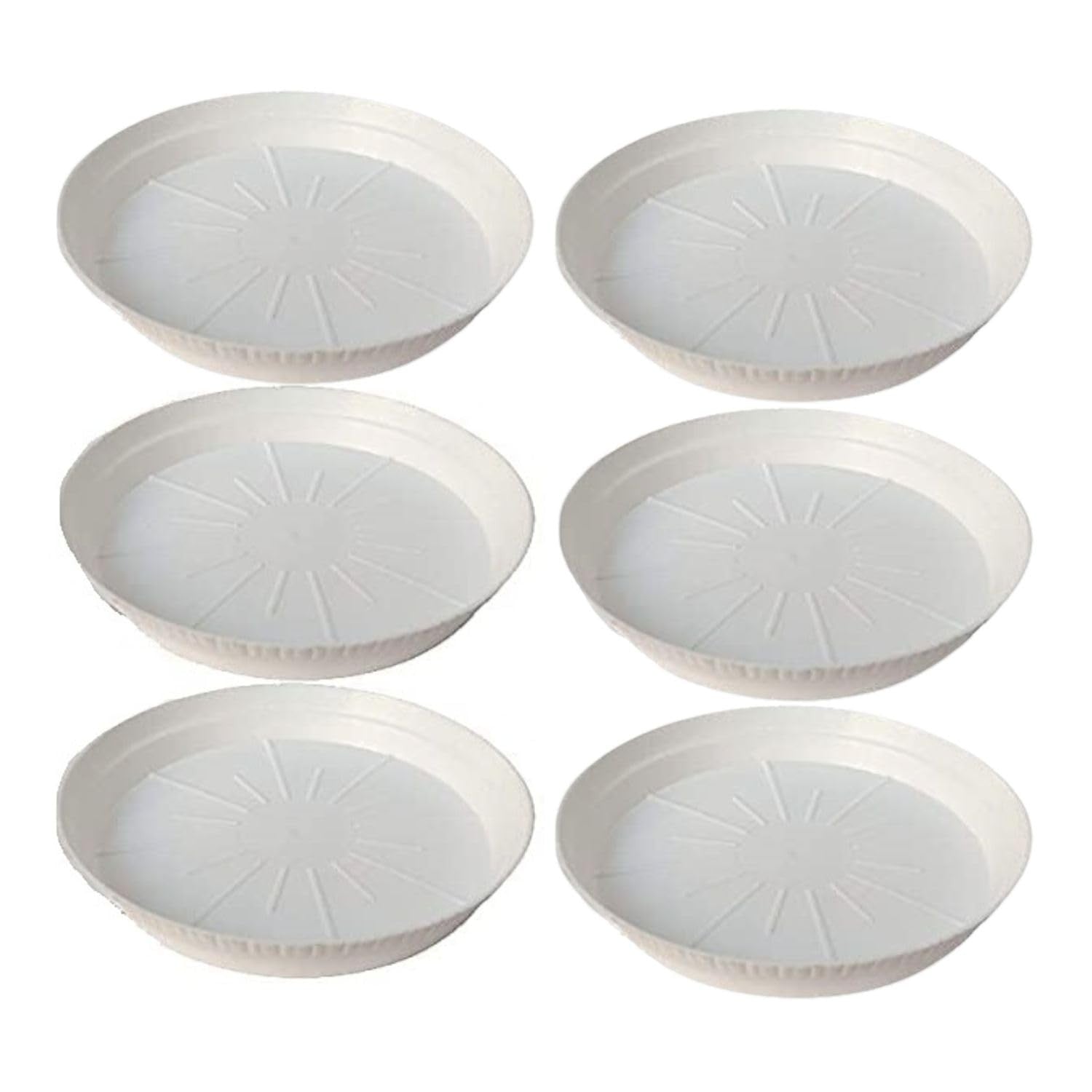 GoHooked white 10-inch round planter drip trays, pack of 8. Modern style, durable plastic, UV and fade resistant.