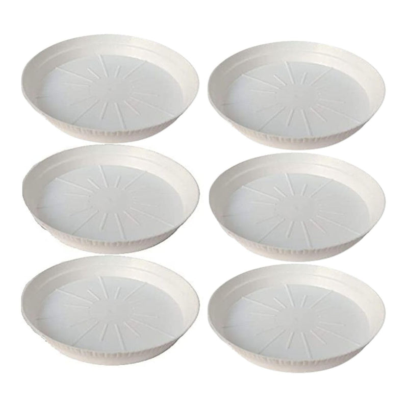 GoHooked white 12-inch round plastic planter drip trays, set of 6. Designed for indoor and outdoor use to protect surfaces.