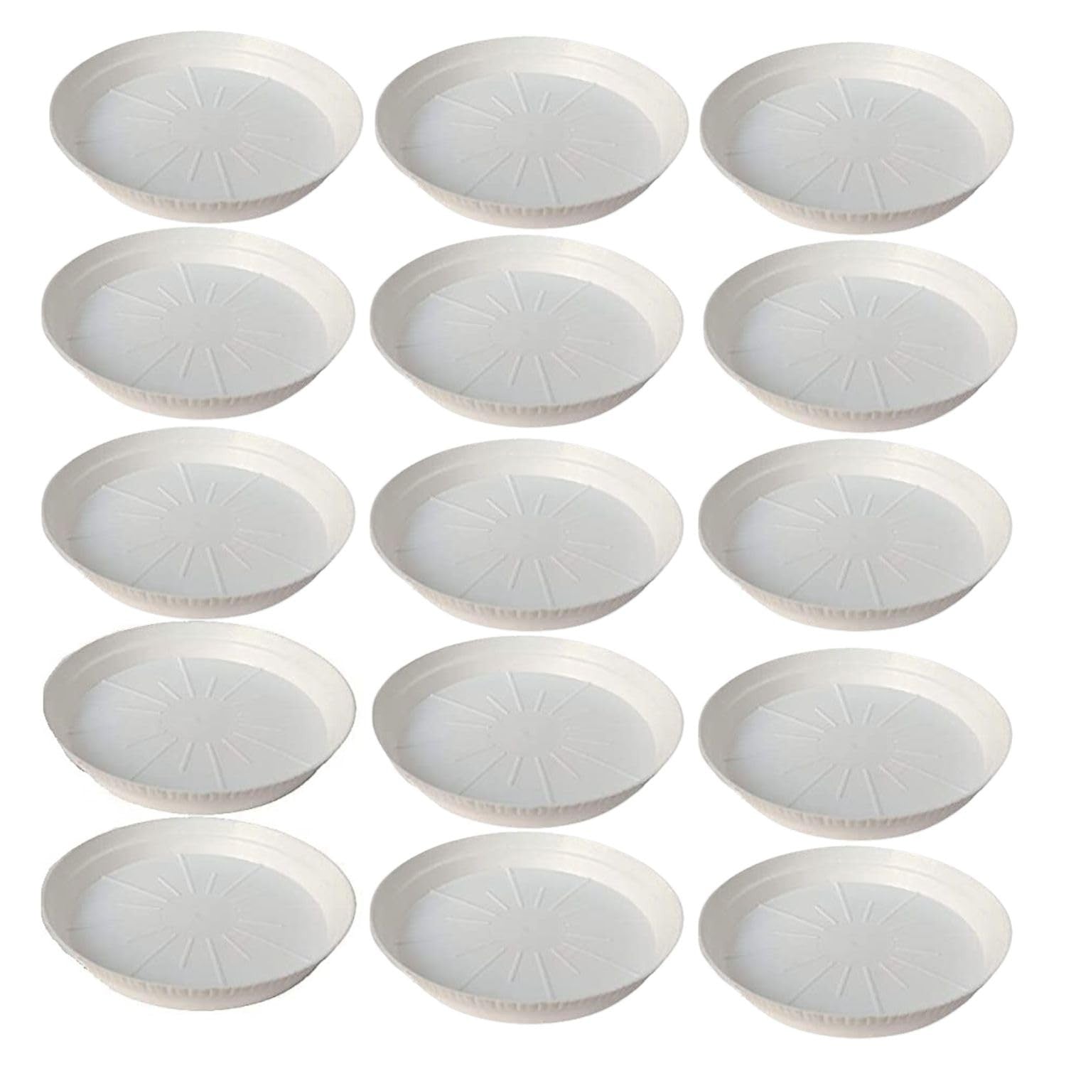 GoHooked 10-inch white round plastic planter drip trays, pack of 15. Modern style, UV and fade resistant.