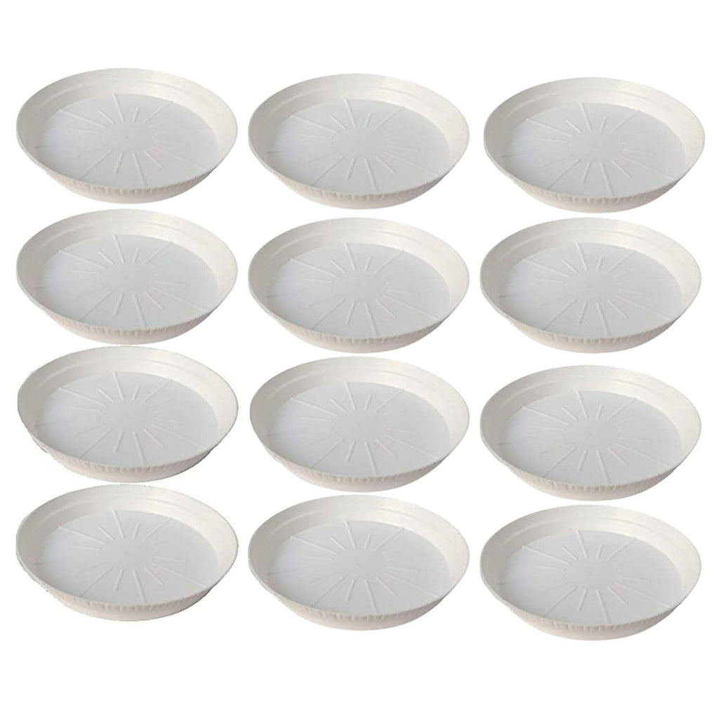 GoHooked white 12-inch round plastic planter drip trays, pack of 8, for indoor and outdoor use.