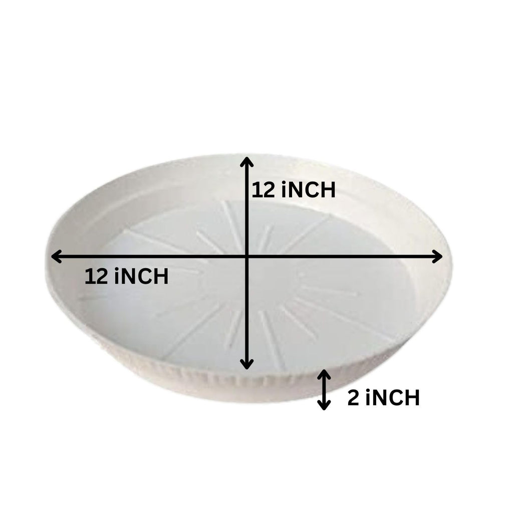 Go Hooked white 12-inch round planter drip tray, 2-inch height, pack of 15. Protects surfaces from water damage.