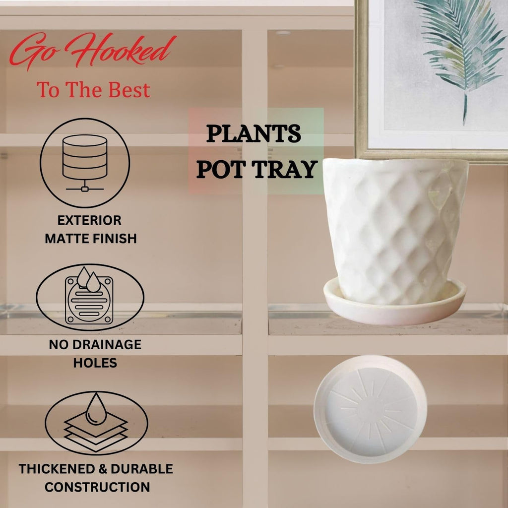 GoHooked white ceramic planter with a diamond pattern and matching saucer, 6-inch pack of 8. Ideal for indoor gardens.