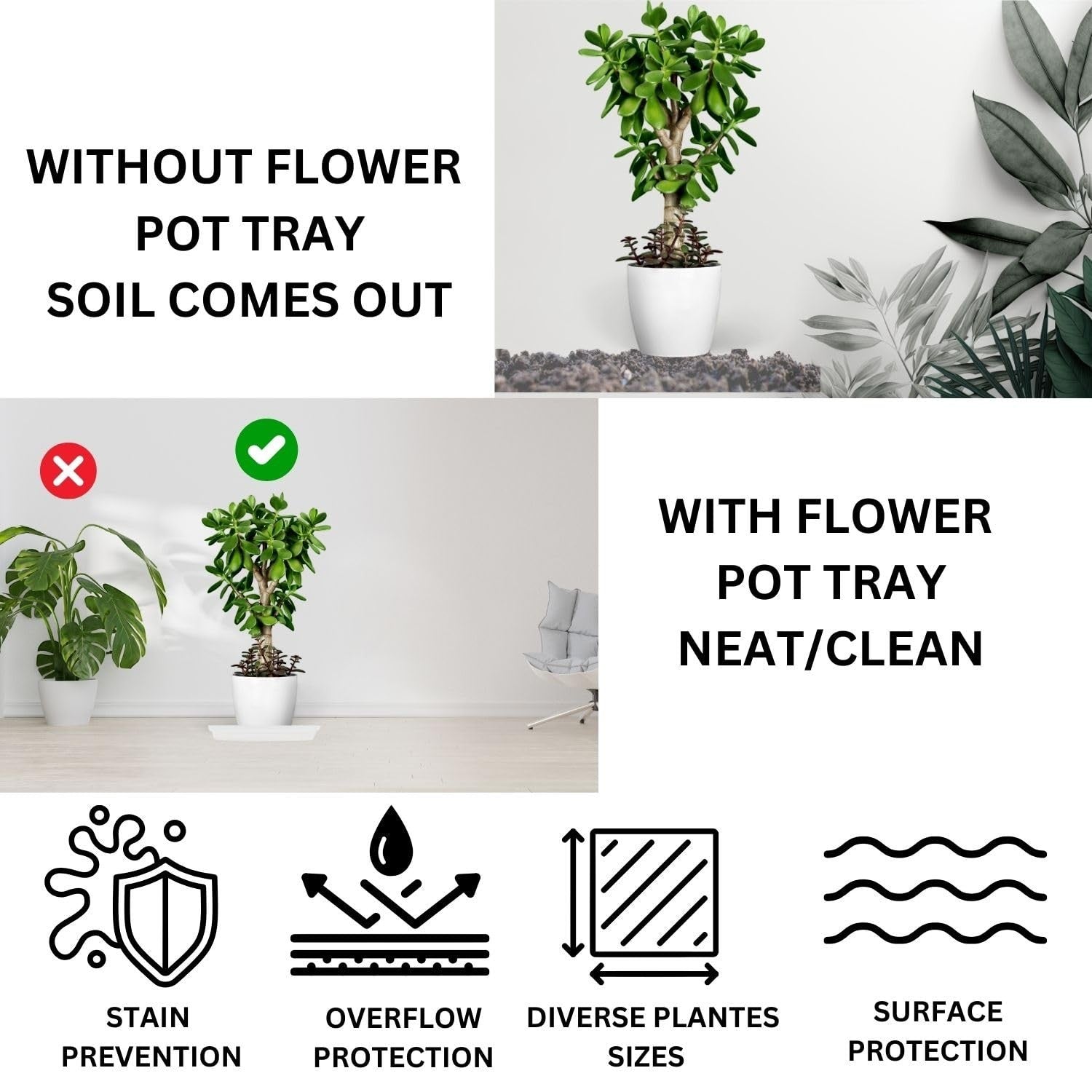 GoHooked white 6-inch planter drip tray, pack of 8, for tidy indoor gardens. Protects surfaces from water damage.