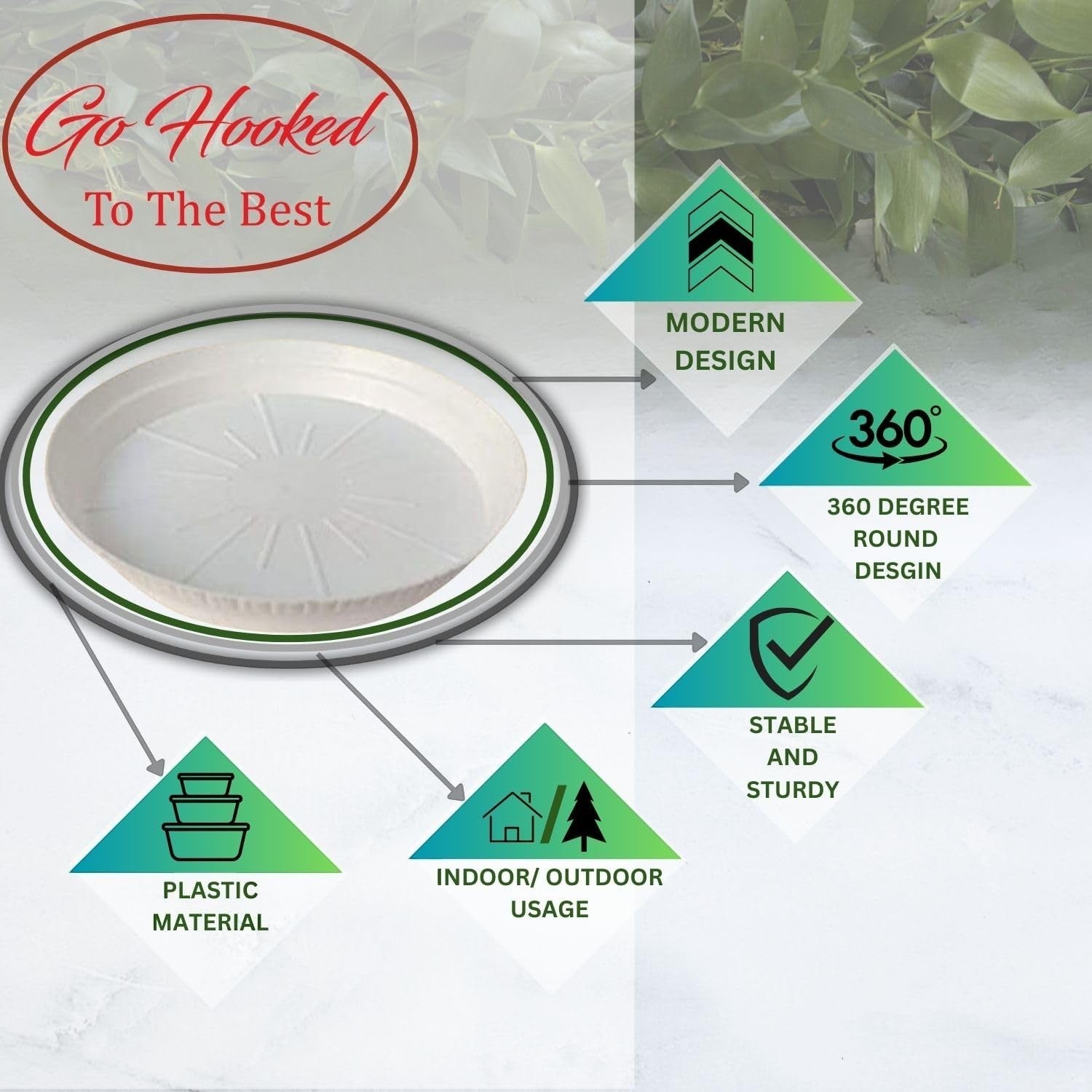 GoHooked white 12-inch round plastic planter drip tray, pack of 8. Modern design, stable, sturdy, UV resistant.