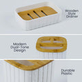 Go Hooked white plastic bathroom accessories set with ribbed design, including soap dish, toothbrush holder, and tumbler.