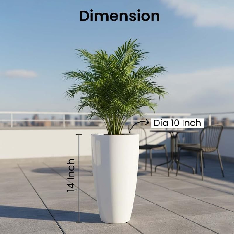 GoHooked tall white plastic flower pot, 14 inch height, 10 inch diameter, for indoor/outdoor plants.