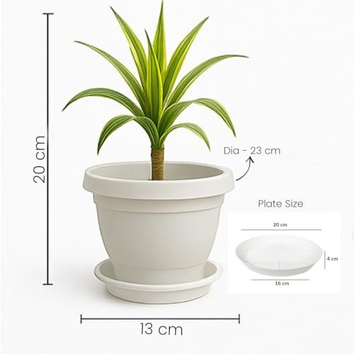 GoHooked white 10-inch plastic flower pot with matching saucer, ideal for indoor/outdoor plants.