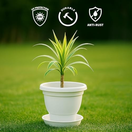 GoHooked white 10-inch plastic flower pot with matching bottom tray, ideal for indoor/outdoor plants. Durable and UV protected.
