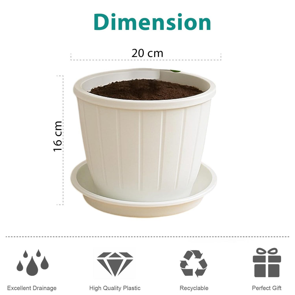 GoHooked white plastic flower pot with tray, 8-inch diameter, 16cm height, ideal for indoor/outdoor gardening.
