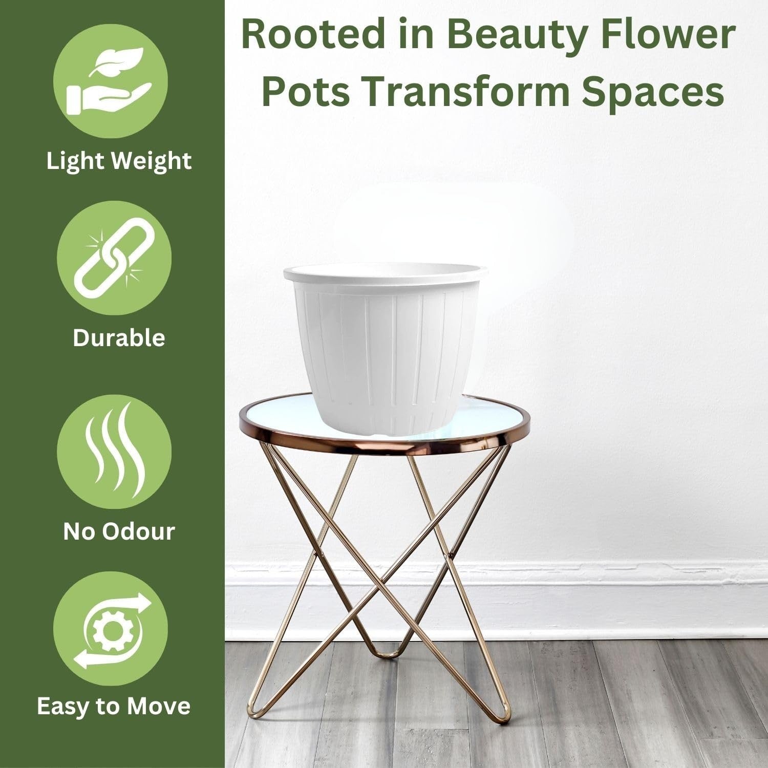 GoHooked white plastic Duro flower pot, 8-inch, with tray. Lightweight, durable, and easy to move.