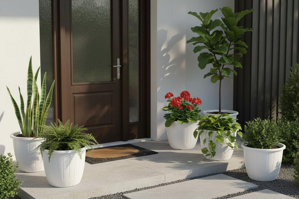 GoHooked white 10-inch plastic flower pots with vertical ribbed design, set of 6, for indoor/outdoor gardening.